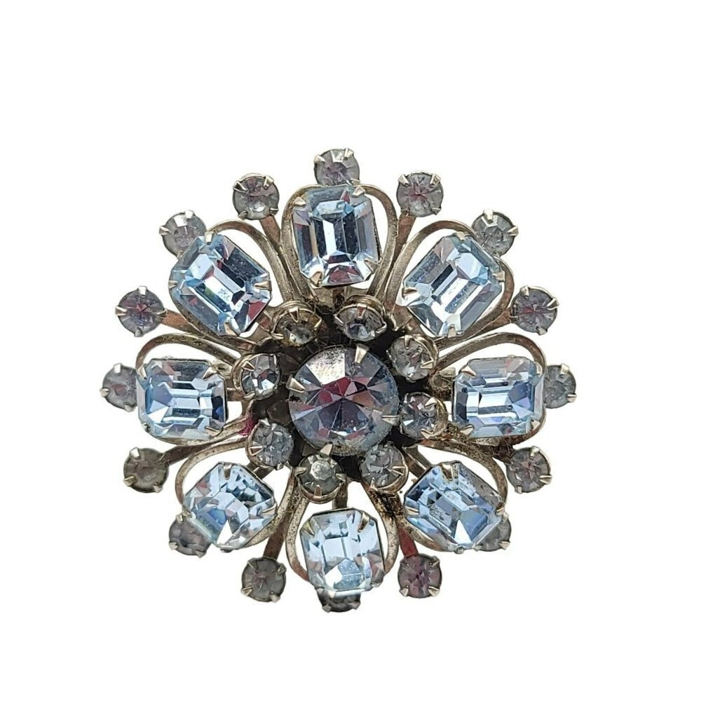 Light Blue Glass Rhinestone Large Flower Silver Tone Vintage Brooch Vintage